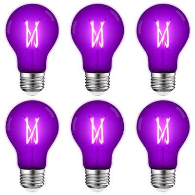Luxrite A19 LED Purple Edison Light Bulb, 4.5W=60W Equivalent, Clear Glass Filament, UL Listed, Indoor Outdoor, Porch, E26 Standard Base 6 Pack
