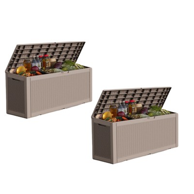 DSVIMOY Deck Boxes, 2-Piece 100 Gal Outdoor Storage Deck Box, Small Patio Storage Bin for Garden Tools, Brown, 48.03"*21.46"*24.53"