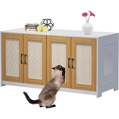 White Double Cat Litter Box Enclosure for 2 Cats 47.2inch Large Wood Cat Hidden Furniture with Sisal Doors Indoor House TV Stand Sliding Bottom Easy