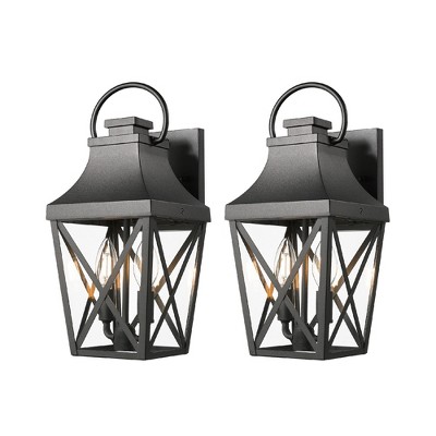 Syemin Outdoor Wall Light, Pole Lantern Lighting Fixture with Pier Mount Base Hard Wired, 2 Pack Black, 8.50"*7.00"*15.88"