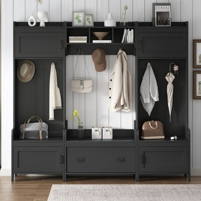 CAVINAS Hall Tree with 7 Hooks Modern Coat Rack with Storage Bench, Shelves and Door for Entryway