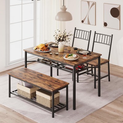 Jojoka Space-Saving 4-Piece Rectangular Dining Table Set with 2 Backrest Chairs and 2-Person Storage Bench, 47.2  Kitchen Table, Brown