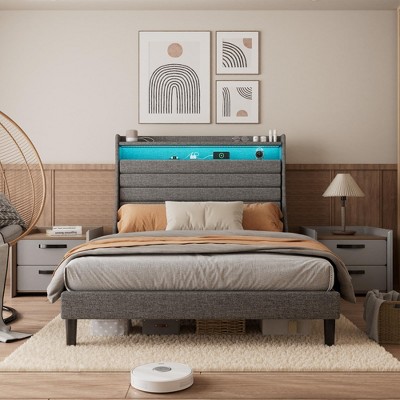 Twin Bed Frame with Storage Headboard, Charging Station, Modern Linen Upholstered Platform Bed Frame, Wood Slat Support, No Box Spring Needed