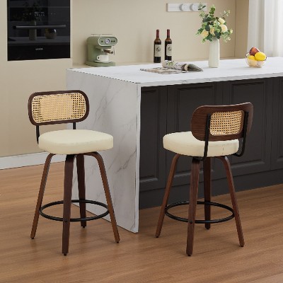 Lyngins 26” Mid-Century Modern Swivel Counter Height Bar Stools Set of 2 – Walnut Bentwood Frame, Faux Leather Upholstered Counter Stools