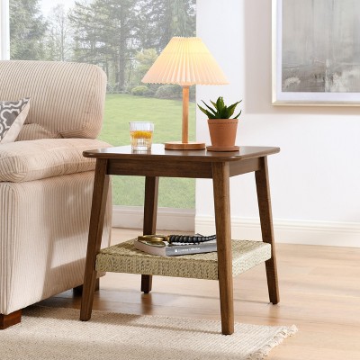 Sapphtopaz Modern Boho End Table with Woven Shelf Couch Side Table with 2-Tier Storage Square Small Coffee Table for Living Room,Bedroom