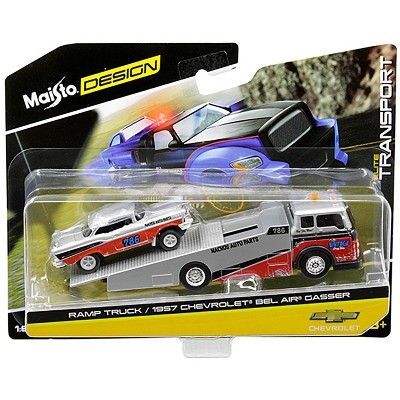 1957 Chevrolet Bel Air Gasser #786 Silver and Red with Ramp Tow Truck "Elite Transport" 1/64 Diecast Models by Maisto