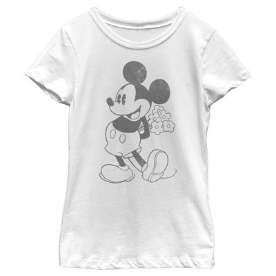 Girl's Disney Mickey Mouse Black and White Flowers T-Shirt