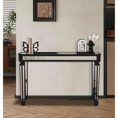 KIGFTSOD Black Mirror Console Table - Vintage Wood Grain Carving, Gorgeous for Entryway, Sofa & Living Room