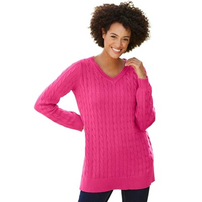 Woman Within Cable Knit V-Neck Pullover Sweater