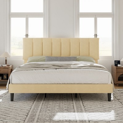 VECELO Upholstered Bed Frame with Adjustable Headboard, Heavy-Duty Platform Bed with Strong Wood Slat Support, No Box Spring Needed