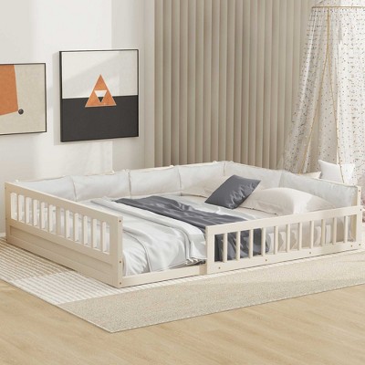 TIRAMISUBEST Full Size Wooden Kids Platform Bed Frame, Floor Bed with Soft Pillow Guardrails