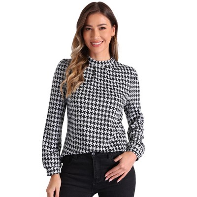 Allegra K Women's Houndstooth Print Mock Neck Long Sleeve Elegant Blouse