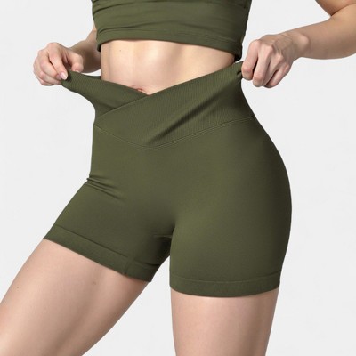 Anna-Kaci Active Women's High Waist Seamless Ribbed Biker Shorts with Crossover Waistband and Compression Fit