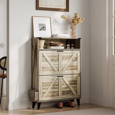 Shoe Cabinet with 2 Flip Drawers for Entryway, Freestanding Shoe Cabinet Organizer with Open Storage, Free Standing Shoe Rack Cabinet Corner
