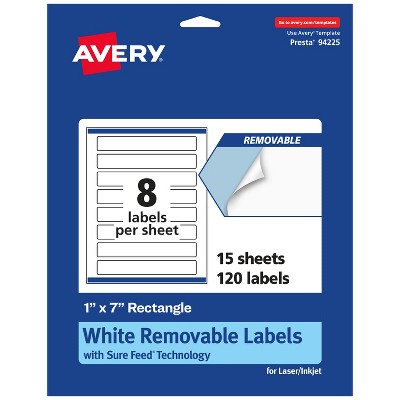 Avery Matte White Removable Rectangle Labels with Sure Feed Technology, Print-to-the-Edge, 1" x 7"