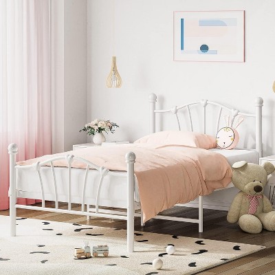 Twin Bed Frame for Kids, Kids Twin Bed Frame with Heart Shaped Headboard and Tailboard, Heavy Metal Slat Support, Noise-Free, White