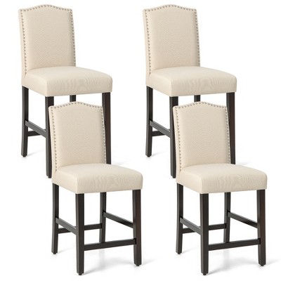 Costway Set of 4 Upholstered Bar stools 25'' Counter Height Chairs with Rubber Wood Legs Grey/Beige
