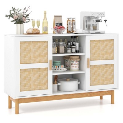 Costway 48" Sideboard Buffet Cabinet with 2 Bamboo Woven Doors 3 Open Shelves for Kitchen White