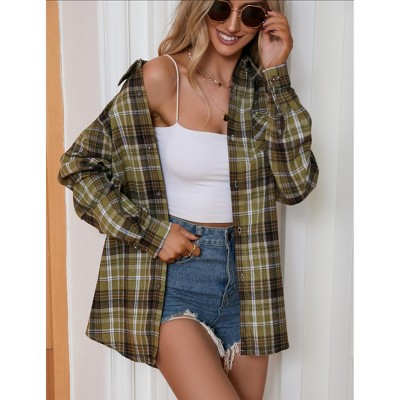 Womens Fashion Plaid Flannel Jacket Casual Long Sleeve Button Collared Neck Oversized Shirts