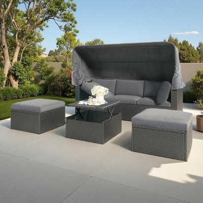 4-Pieces Outdoor Patio Rattan Daybed Sunbed Set with Retractable Canopy, Lift Table, and Adjustable Seat