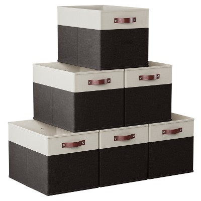 Ornavo Home 6 Pack Linen Fabric Storage Cube Bin with Faux Leather Handles