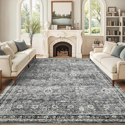 9x12 Grey Large Washable Area Rug, Vintage Oriental Floral Carpet, Ultra-Thin Soft Low Pile Non-Slip Non-Shedding Floor Cover for Bedroom, Office
