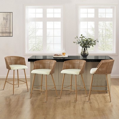 Rattan Armrest Counter Stool Set Of 2, Boucle Upholstered Midbar Chair, 27 Inch Stools with Back for Kitchen Island - Maison Boucle