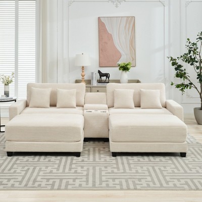 HYLEROY U-Shaped Sectional Sofa with 2 Ottomans, Modern Corduroy Modular Couch Oversized Sofa with USB & TYPE C Port and Two Cup Holders