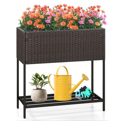 Tangkula Elevated Planter Box Raised Garden Bed w/ Rattan Surface Bottom Storage Shelf
