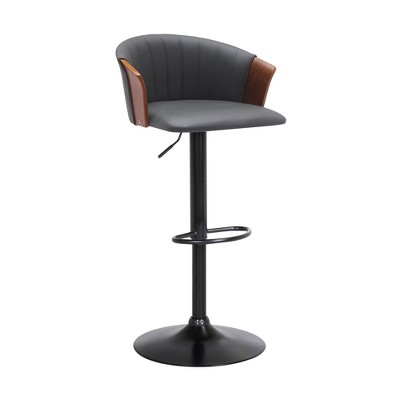 HomeRoots Gray and Black Faux Leather with Metal Swivel Adjustable Height Bar Chair