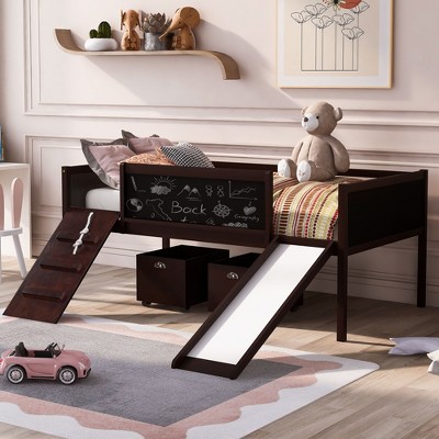 NicBex Twin Size Loft Bed with Slide & Climbing Wall,Fun Twin Loft Bed with Chalkboard Panels & Storage Bins,Low Loft Bed for Kids