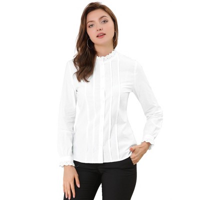 INSPIRE CHIC Women's Mock Neck Ruffle Work Office Cotton Pleated Button Up Shirt