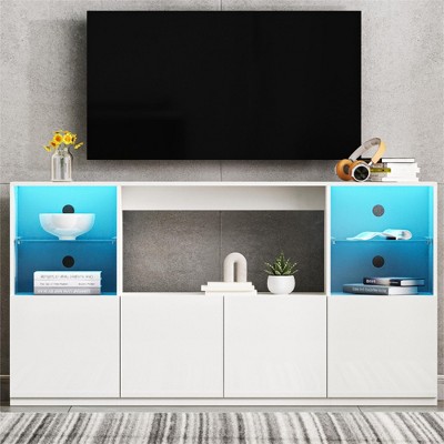 Lyngins High Gloss TV Stand with Glass Shelves & 4 Cabinets,Media Console Modern with LED,App Control,Sideboard for Living Room,Bedroom,Kitchen