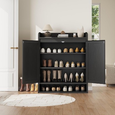 Rattan Shoe Cabinet with 2 Doors, 5-Tier Shoe Storage Cabinet with Adjustable Shelves, Wooden Shoe Storage Organizer