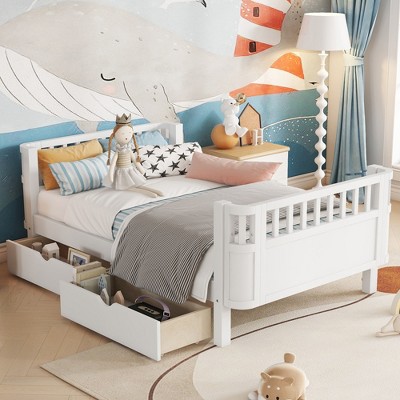 Racxily Twin Size Wood Platform Bed for Kids, Wood Low Profile Twin Bed with Rails for Girls and Boys, White (Patented Design)