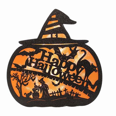 Roman 13.0 Inch Happy Halloween Lighted Pumpkin Halloween Figurine , Lighted Halloween Decor Witches Hat Bat Cat (1PC)