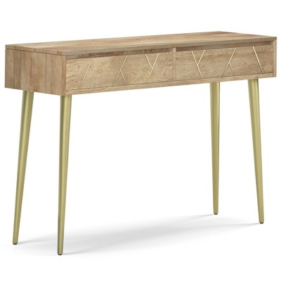 Mango Hardwood and Metal Mid-Century Contemporary Console Table with 2 Soft-Close Drawers, Gold-Finished Metal Legs and Multipurpose Design