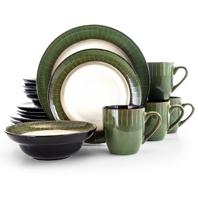 16pc Stoneware Striped Dinnerware Set Green - Elama: Solid Pattern, Service for 4, Dishwasher & Microwave Safe