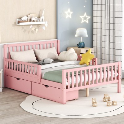 Wood Platform Bed with Guardrails on Both Sides and Two Storage Drawers