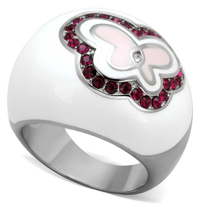 Slickblue White Steel Ring for Women, Butterfly Centerpiece, Ruby-Tone Synthetic Crystals, Smooth Finish, Size 5-10