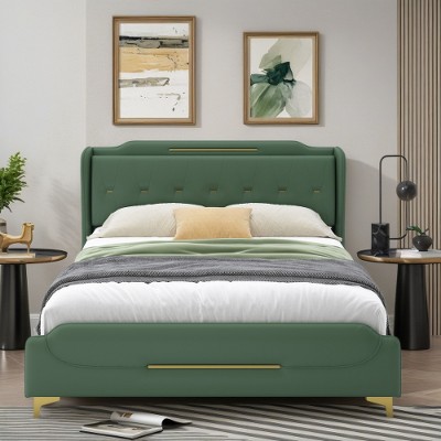 Lyngins King Size Bed Frame with Wingback Headboard & Footboard, PU Upholstered Platform Bed with Gold Metal Decor, Solid Wooden Slats Support