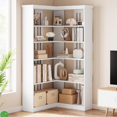 72.8"H 5-Tier Corner Bookcase, L-Shaped Wooden Tall Shelf for Living Room & Home Office