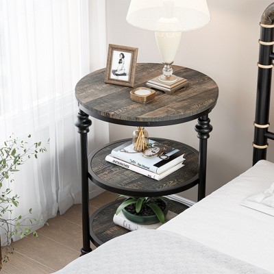 3-Tier Round Side Table, Living Room Accent Tables, Small Corner Table with Storage Shelves, Metal Legs, Industrial Night Stand for Bedroom, Brown