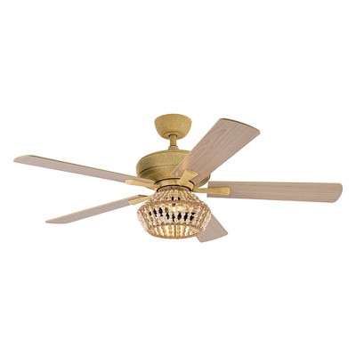 Parrot Uncle 52" Weathered Gold Natural Farmhouse Ceiling Fans with Lights and Remote Vintage Wooden Bead Fan for Living Room Bedroom