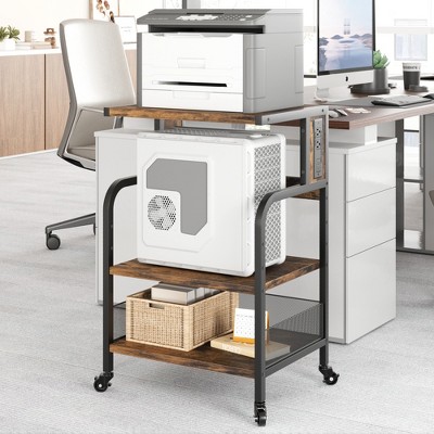 Under Desk Printer Stand with Wheels, 3-Tier Printer Table with Storage Shelves, Printer Cart with Power Outlets for Home Office, Brown