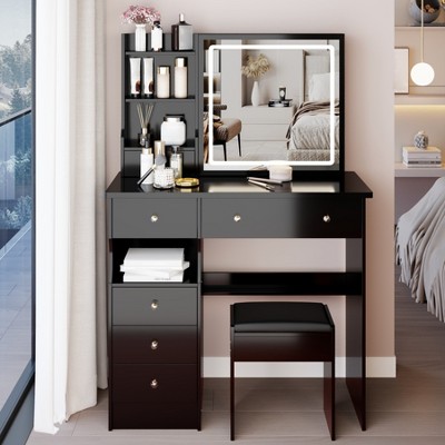 Makeup Vanity Desk with Mirror and Light, Makeup Vanity Table with Stool, Dressing Table with Drawers Open Storage for Bedroom Small Space