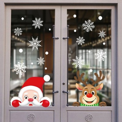 Christmas Window Clings Stickers Set - Removable Santa Claus and Reindeer Elk Decals for Glass Doors, Winter