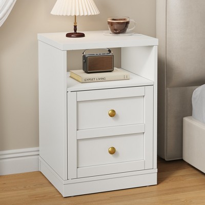 Heynemo White Nightstand with Storage Shelf and Door, Faux Two-drawer Design Side Table , Modern Night Stand for Bedroom Dorm, Wood End Table