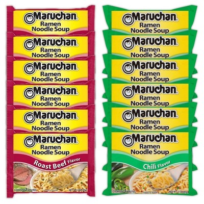 Maruchan Ramen Instant Noodle Soup Variety, 2 Flavors - 6 Packs Roast Beef & 6 Packs Chili, 3 Ounce Single Servings