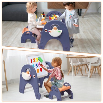 4 In 1 Kids' Table and Chair Set,Foldable Building Block Table with Standing Magnetic Whiteboard Art Easel,66 Large Blocks,Stickers,2 Storage Boxes